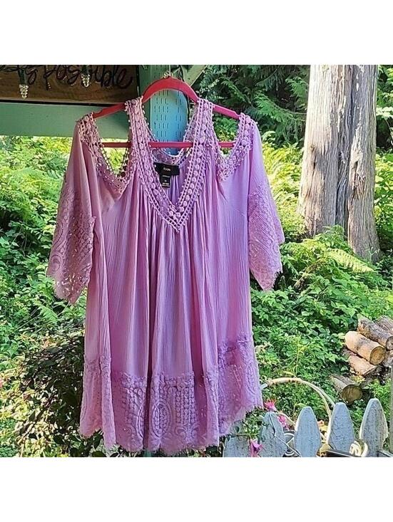 Tops - Rain Boho Lace Trim Tunic Blouse Mauve Pink Viscose 2X